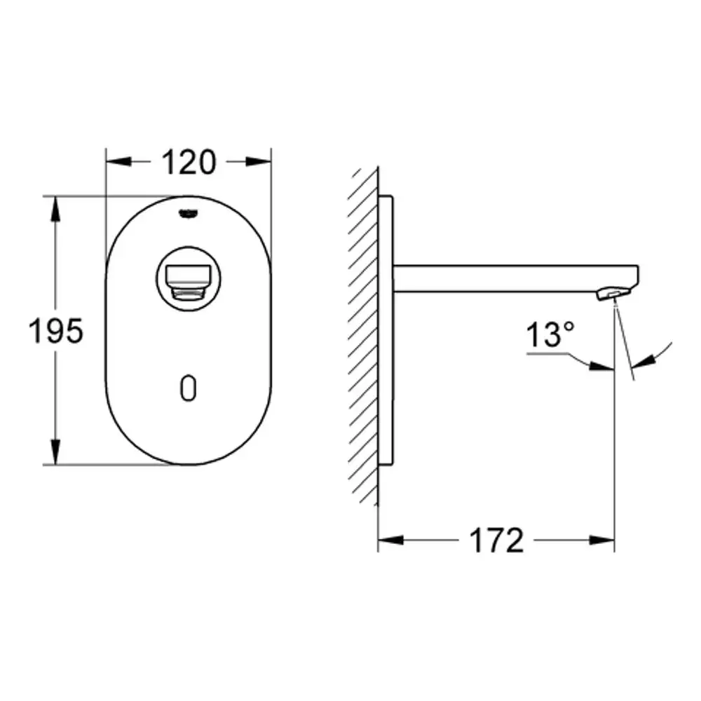 Technische Zeichnung eines Grohe-Wandarmatur mit IR-Elektronik. Seitliche Ansicht zeigt Montageposition und Abmessungen.