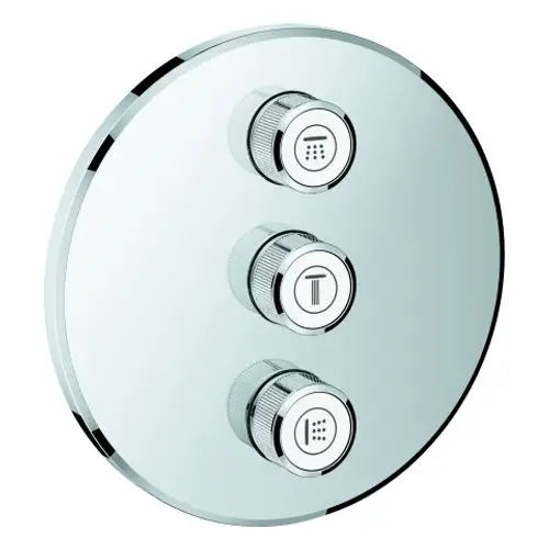 Drei Bedienknöpfe auf einer runden, spiegelnden Oberfläche für eine Grohe-Dusch- oder Brausesteuerung, die Funktionen klar kennzeichnen.