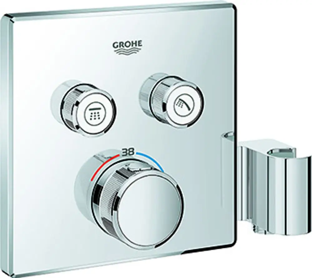 GROHE Steuereinheit mit zwei Bedienelementen für Wasserfluss und Temperaturregelung, montiert an einem glatten, rechteckigen Unterbau, in glänzendem Chrom.