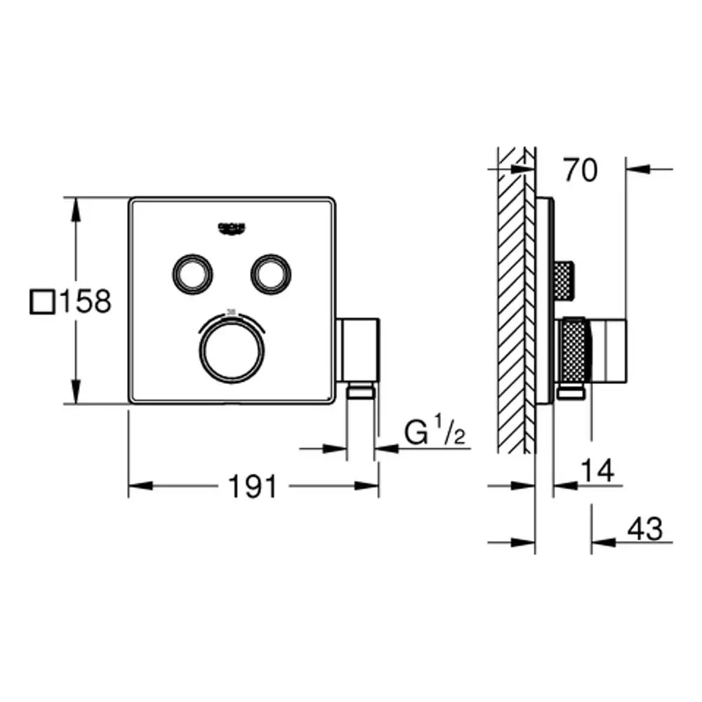 GROHE steuereinheit mit quadratischem Design und mehreren Anschlüssen für Wasserzufuhr, dargestellt in technischen Zeichnungen mit Maßangaben.