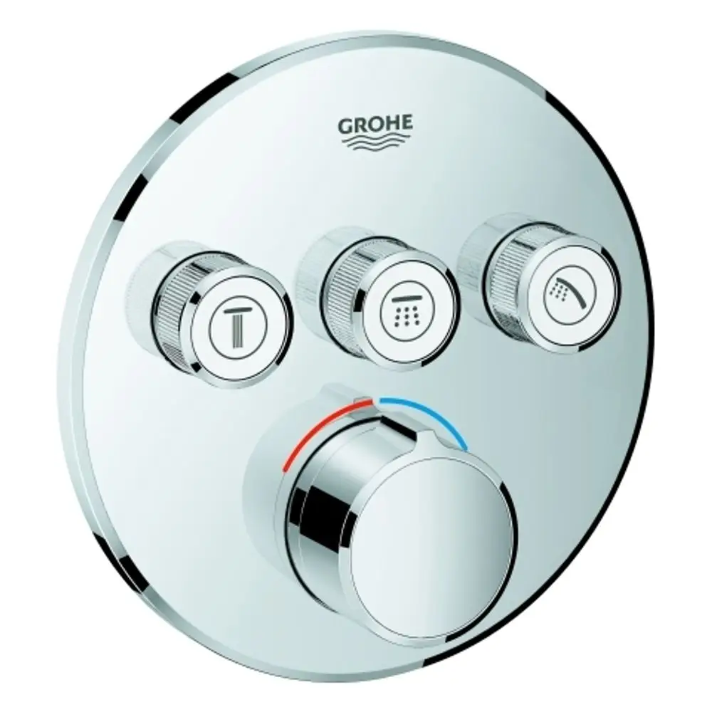 Kreisscheibe mit mehreren Steuerknöpfen in glänzendem Chrom, die zur Regelung von Wasserflüssen und Temperaturen dient. Markenlogo von Grohe oben sichtbar.