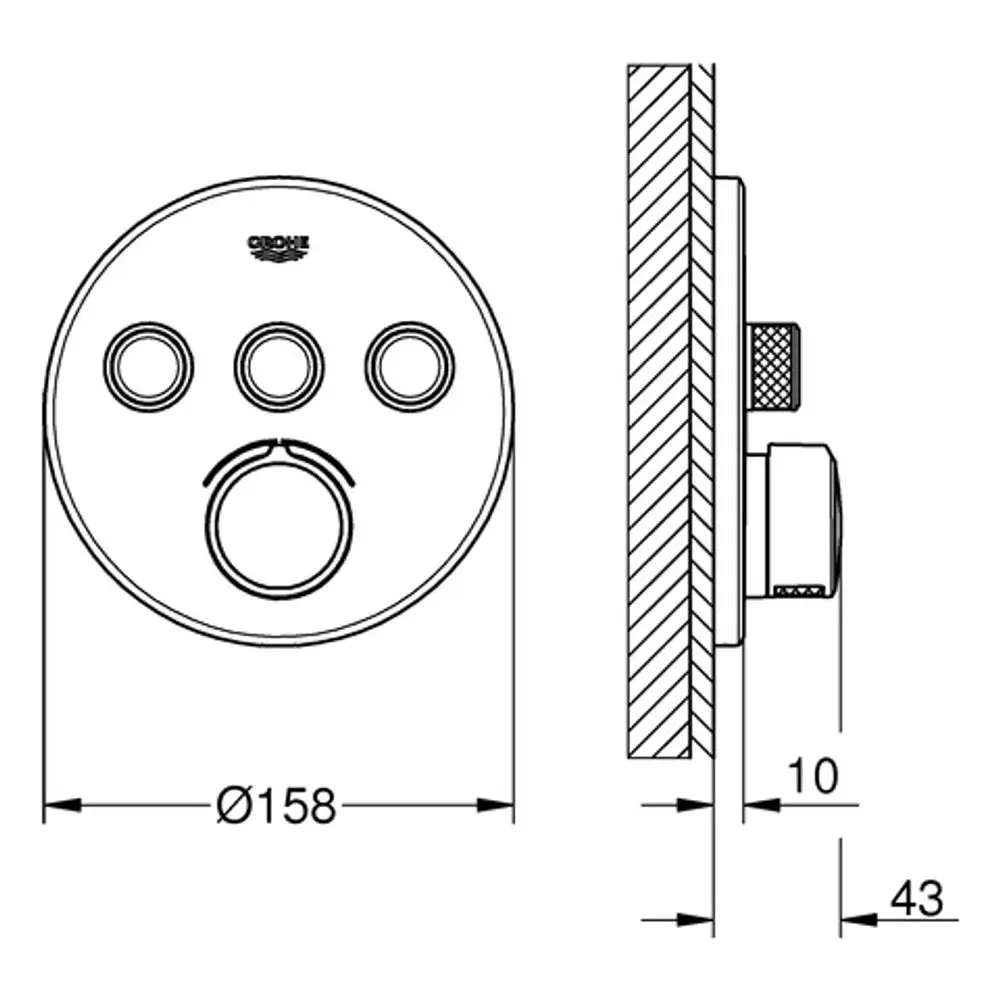 Runder Wandmischer von Grohe mit drei Funktionen und einem zentralen Bedienknopf, dargestellt in Front- und Seitenansicht. Maße sind skizziert.