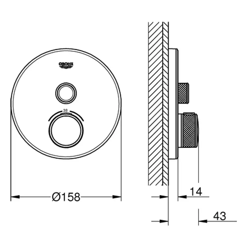Rundes Absperrventil in moon white von Grohe, dargestellt in technischen Zeichnungen mit Maßeinschlüssen und Detailansichten.