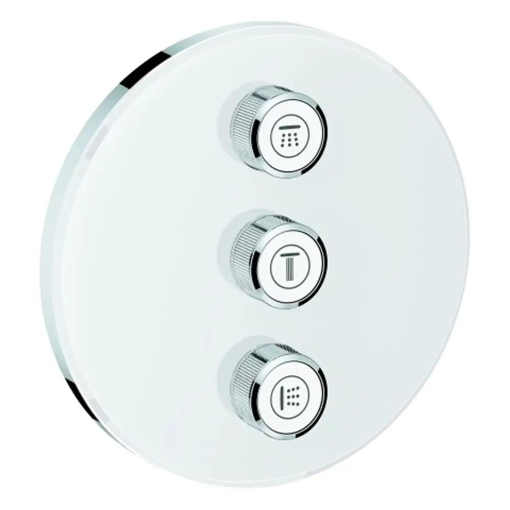 GROHE Bedienelement mit drei runden Reglern auf einer weißen Oberfläche. Die Symbole deuten auf verschiedene Funktionen hin. Geeignet für eine moderne Dusche.