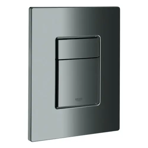 Betätigungsplatte in dunkler Grafitfarbe, mit zwei Drucktasten, zum Mechanismus einer Toilette. Grohe-Logo auf der unteren Fläche sichtbar.