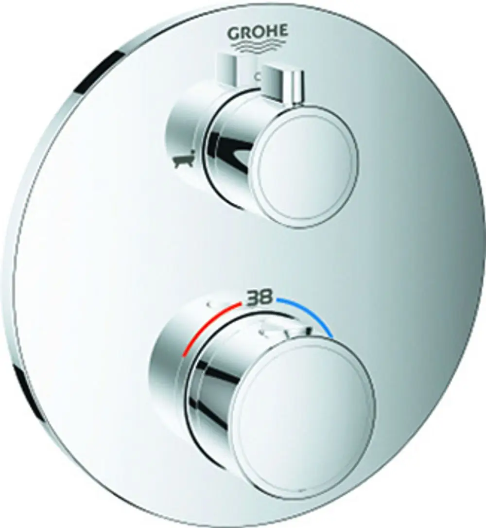 Edelstahlfarbene Mischbatterie von Grohe mit zwei Reglern, einer für die Temperatur und einer für die Wassermenge, montiert auf einer runden Platte.