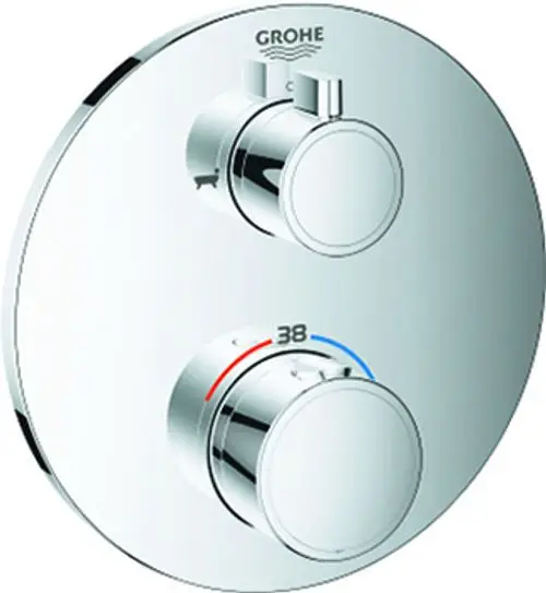 Ein Grohe Bad-Thermostat mit zwei Drehreglern für Temperatur und Wasserflow, montiert auf einer runden, spiegelnden Oberfläche.