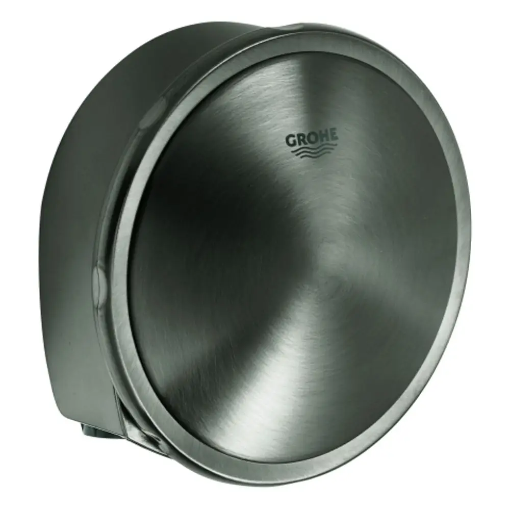 Runde, graue Abdeckung für Wannenfüll-/Ab-/Überlaufgarnitur von Grohe, mit einem metallischen Finish und einem schlichten, funktionalen Design.