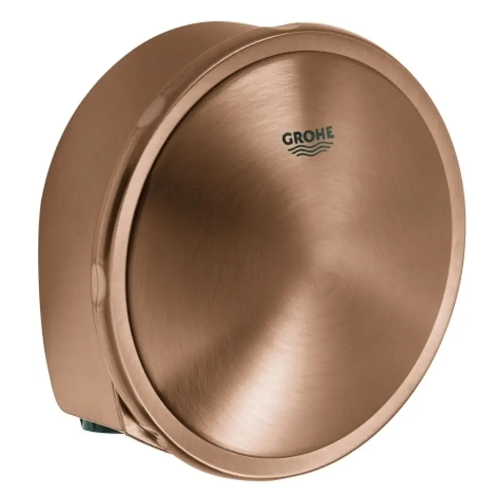 Runde, kupferfarbene Armatur von Grohe, die für Wannenfüll- und Abflusssysteme verwendet wird. Sie hat eine glatte Oberfläche und ein schlichtes Design.
