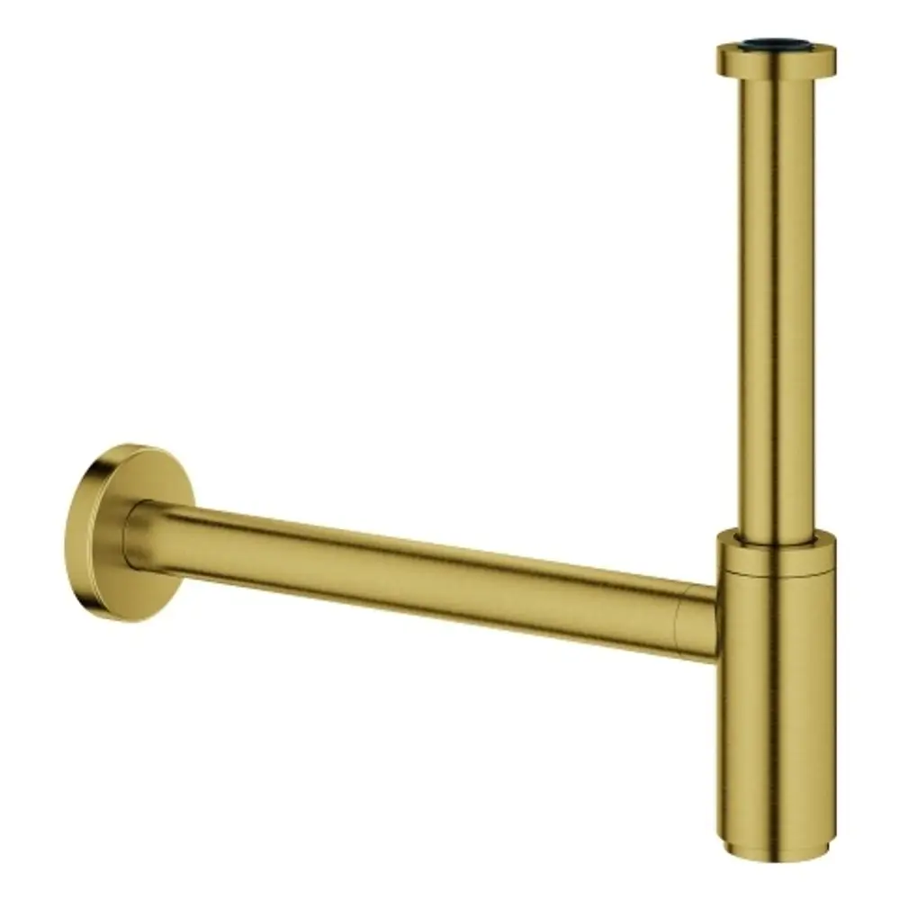 Geruchverschluss aus Metall in Goldoptik, geeignet für Waschtische. Grohe-Design mit senkrechten und waagerechten Rohren sowie Wandmontageplatte.