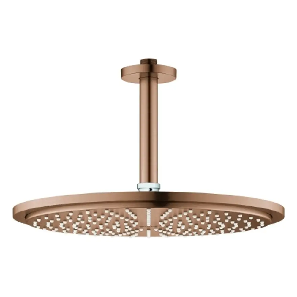 Grohe Kopfbrause in warm sunset, runde Bodenmontage mit einer breiten Duschfläche und Anschlussrohr zur Deckenmontage.
