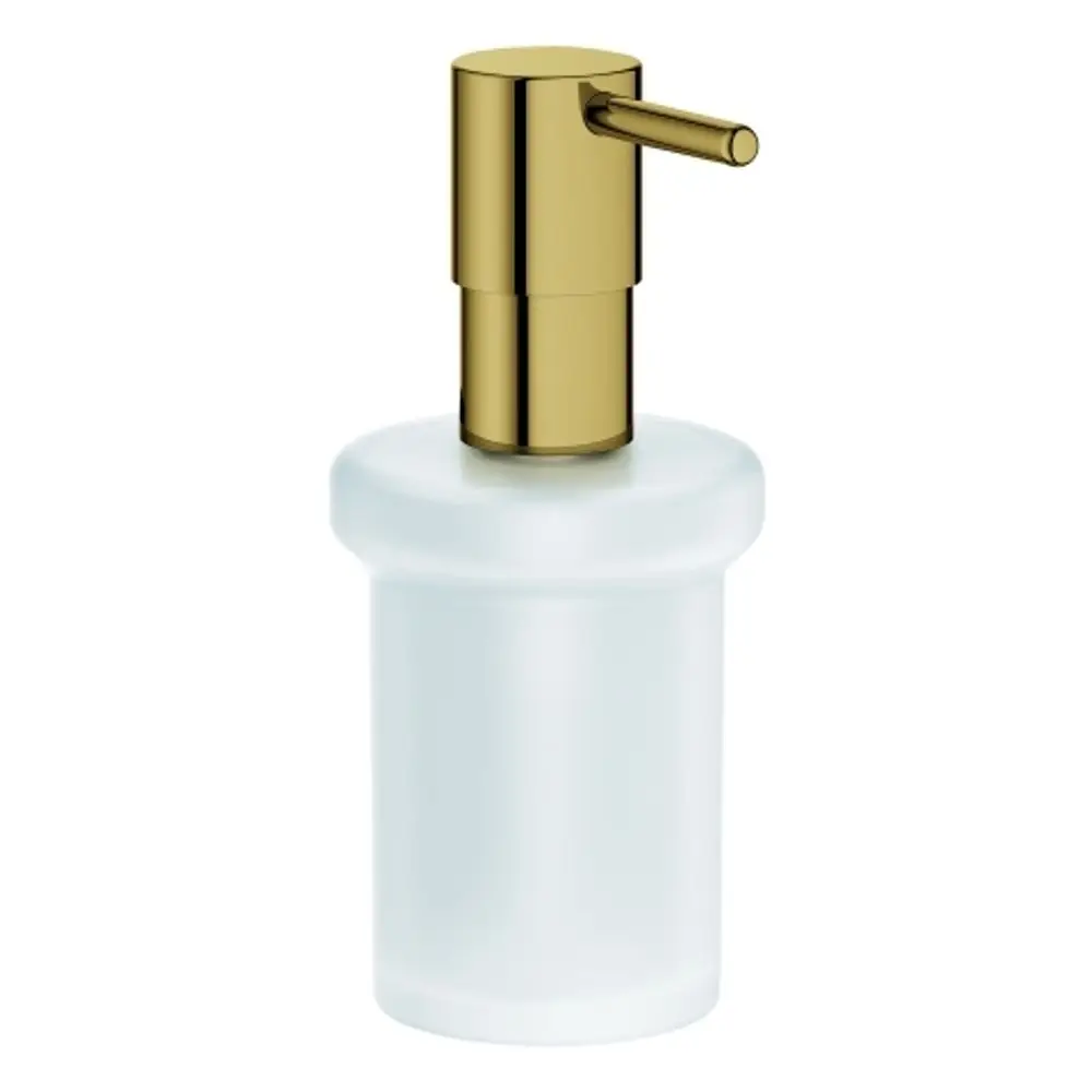Grohe Seifenspender mit goldenem Pumpkopf und transparentem, mattem Behälter, geeignet für die Montage an einer Halterung.