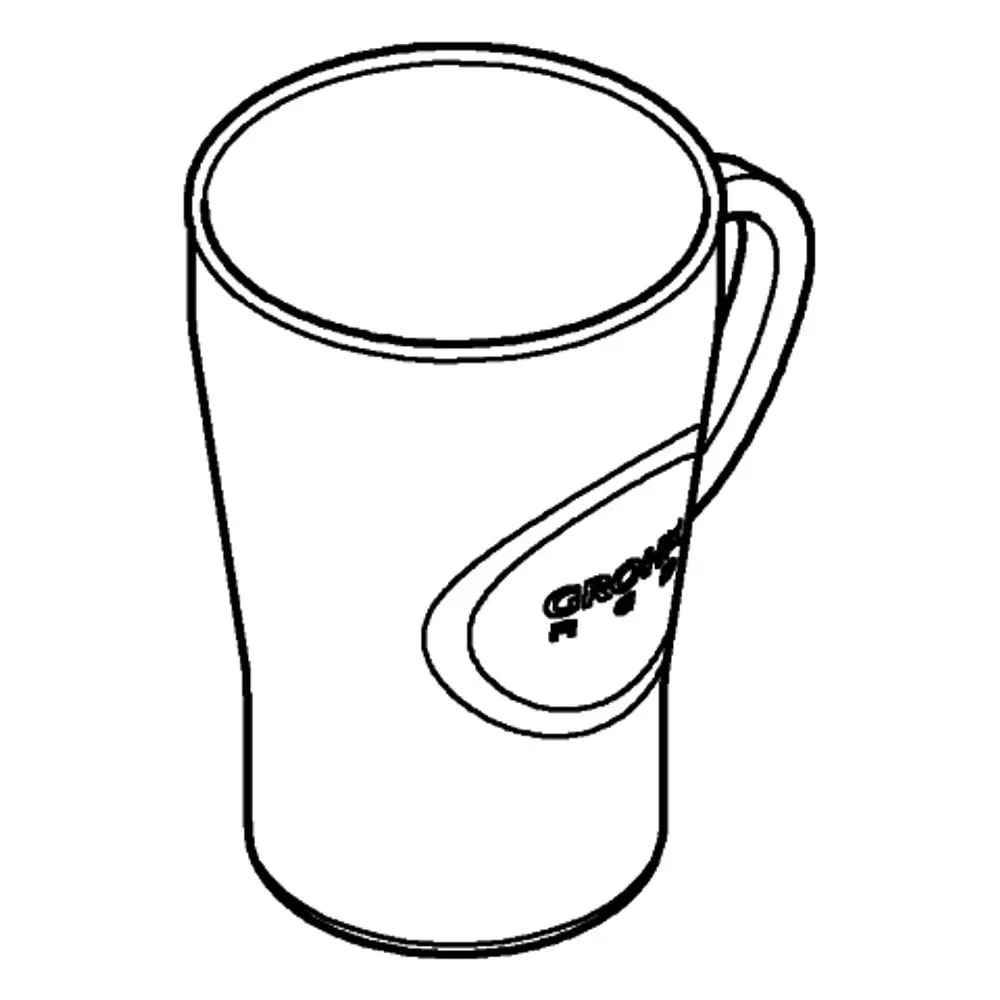 Einfaches Teeglas mit einem Henkel, das ein markantes Design von Grohe aufweist. Die Oberfläche zeigt eine geschwungene Form und ist oben offen.