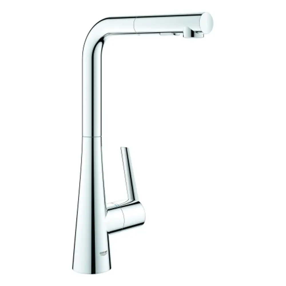 Grohe Küchenarmatur mit ausziehbarem Auslauf und integriertem Hebel zur Wassersteuerung, in verchromter Ausführung.