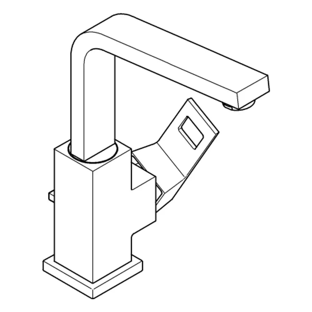 Grohe Wasserhahn mit rechteckigem Auslauf und Bedienhebel. Die Montagebasis ist quadratisch mit einer Halterung an der Seite.