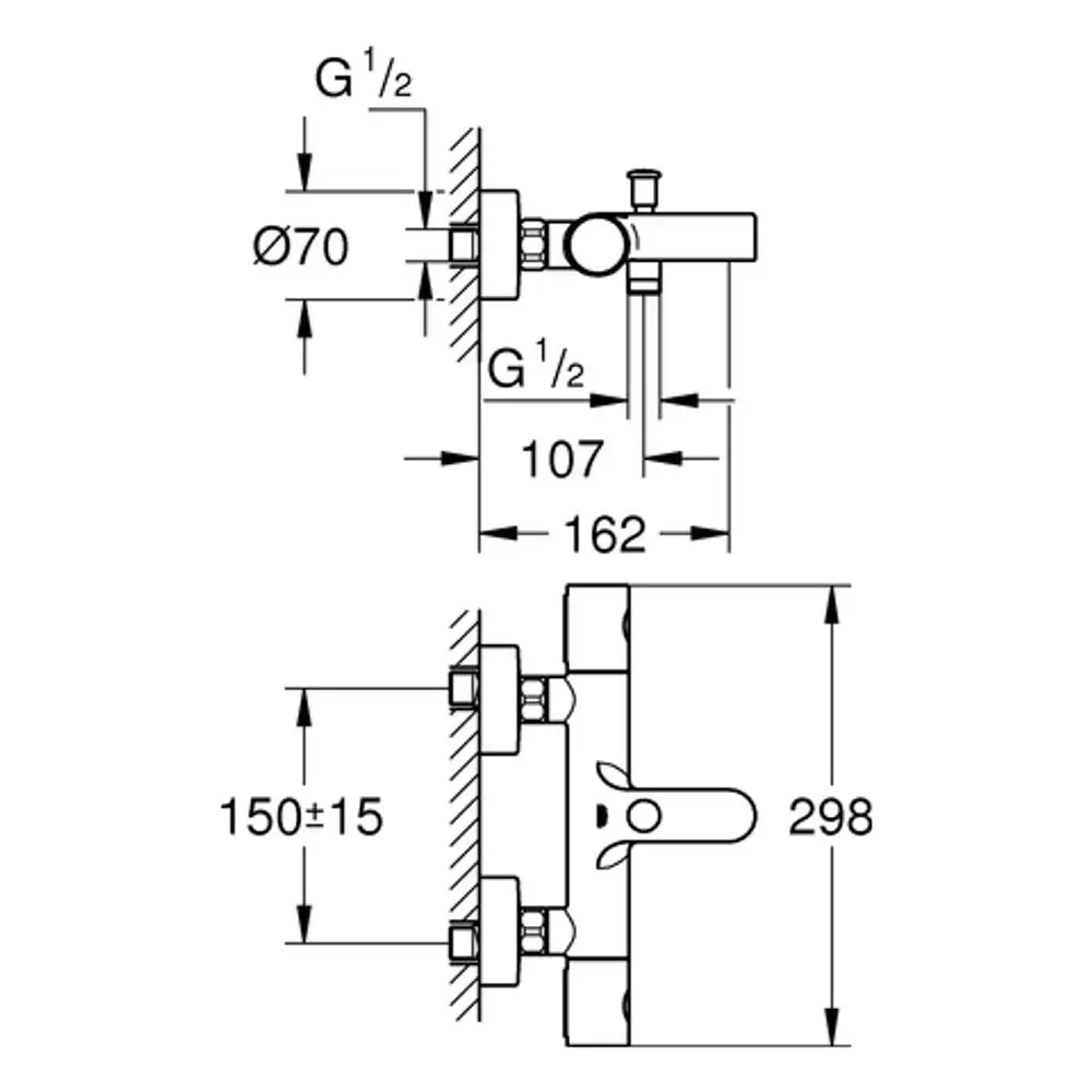 Grohe Wandbatterie mit zwei Anschlüssen, Diagramm zeigt Maße und Montagedetails, geeignet für die Installation in Badezimmern.