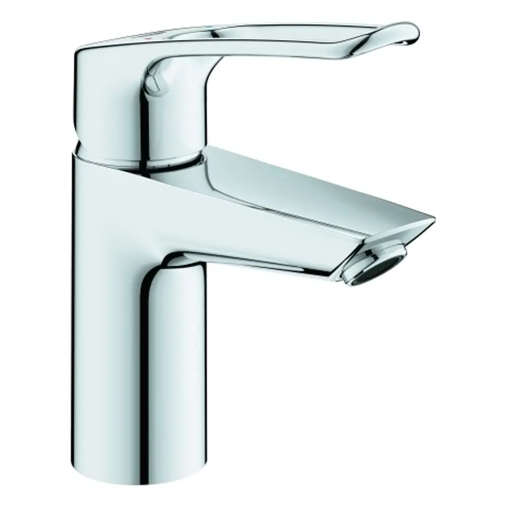 Grohe Wasserhahn mit offenem Hebel und chromfarbener Oberfläche, geeignet für Waschbecken, mit integriertem Ablauf.