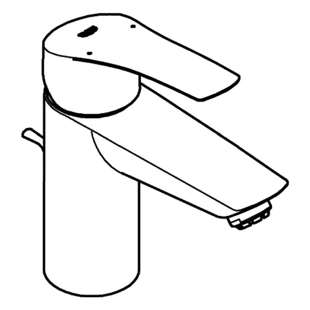 Chromfarbene Armatur von Grohe mit einem flachen Auslauf und einem Levergriff zur Regulierung des Wasserflusses. Das Design ist modern und funktional.