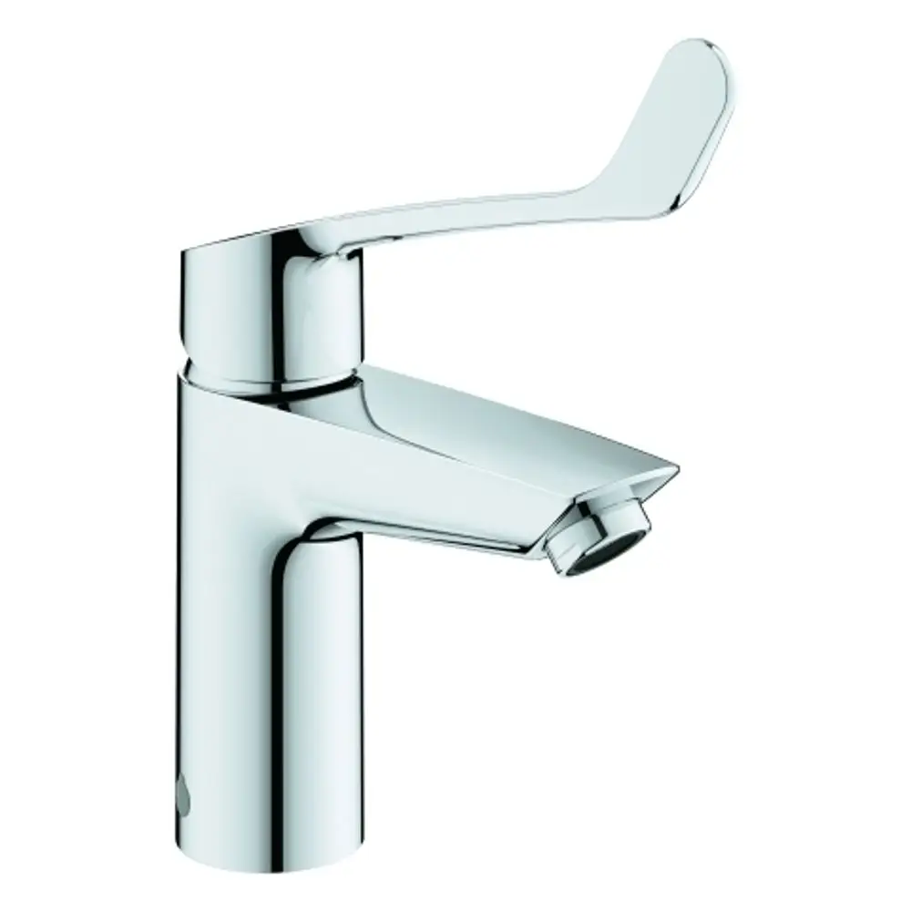 Chromfarbener Wasserhahn von Grohe mit langem Hebel und Verbrühschutz, geeignet für moderne Waschbecken.
