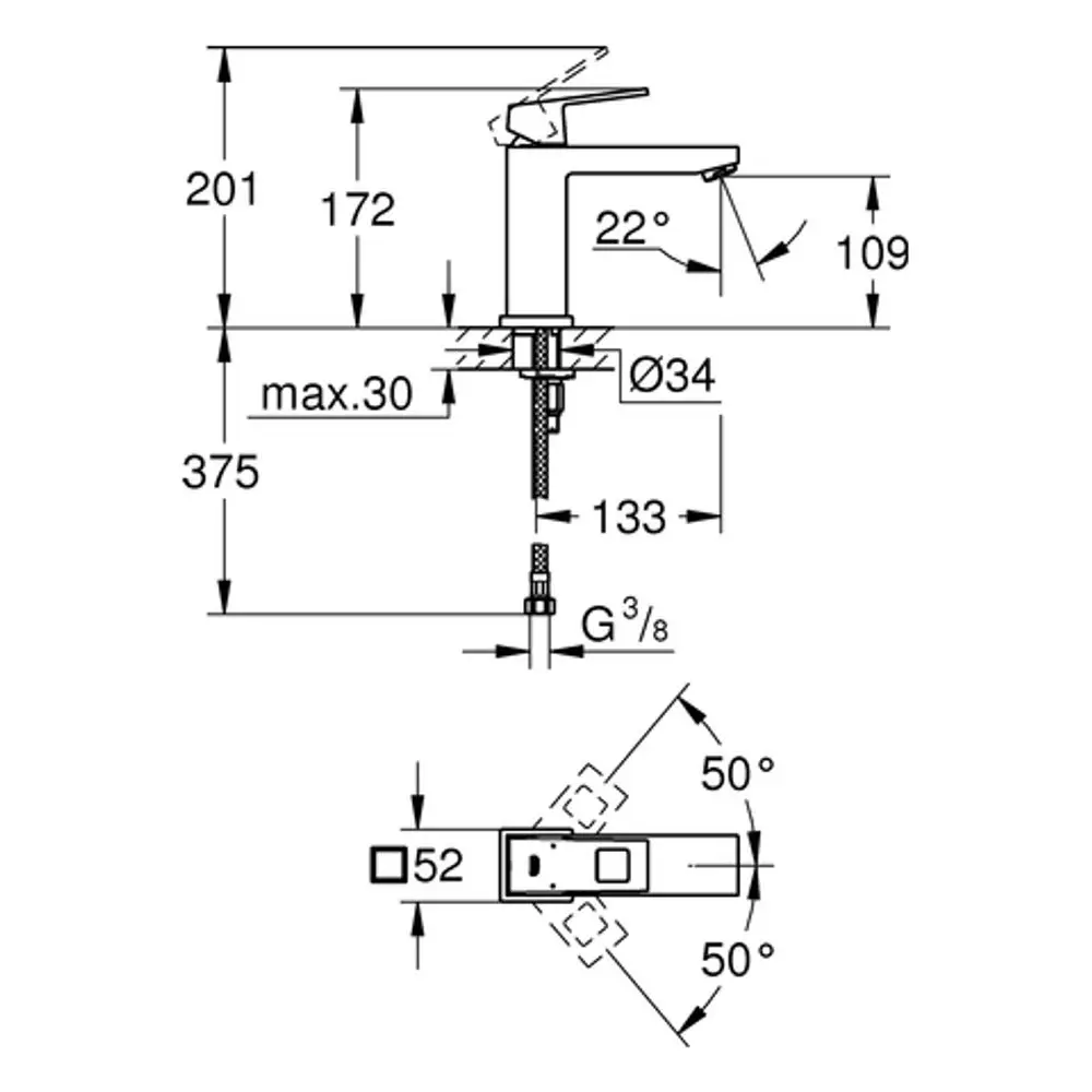 GROHE Armatur mit mittelhohem Körper, chromfarbene Oberfläche, Maßzeichnung mit verschiedenen Dimensionen und Installationshinweisen.