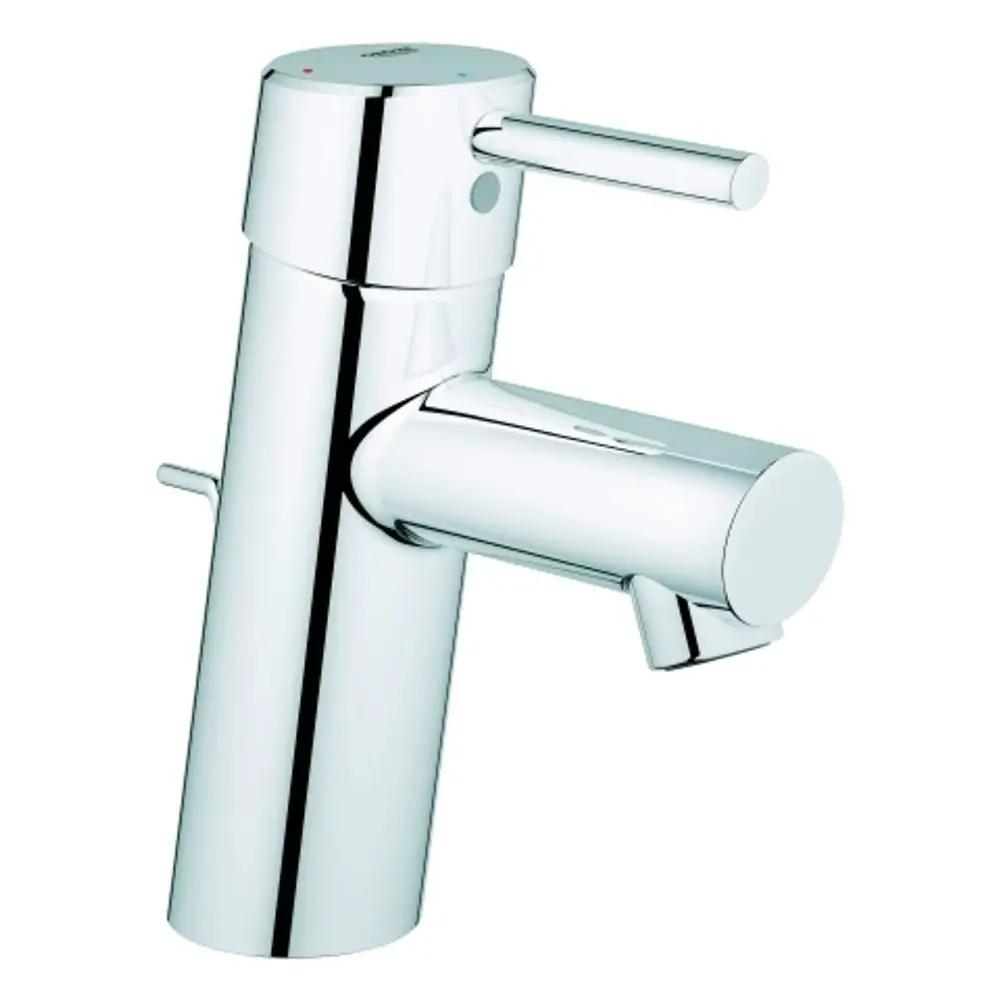 Kromfarbener Wasserhahn von Grohe mit einem Hebel und zwei Temperaturmarkierungen. Die Bauform ist schlicht und modern, geeignet für verschiedene Badezimmerstile.