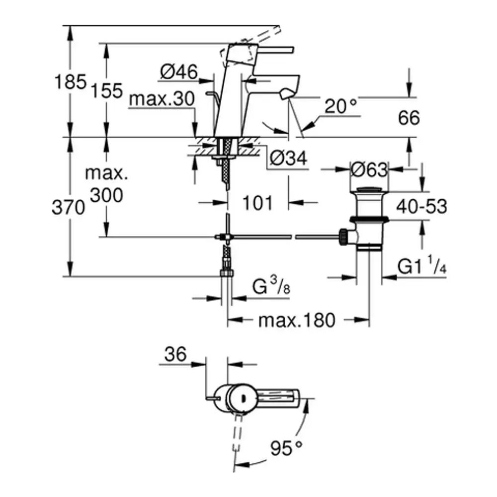 Grohe Armatur mit einem klaren Design, ausgestattet mit einem Hebel für die Wassermengenregulierung und einer speziellen Montagevorrichtung, dargestellt in technischen Maßen.