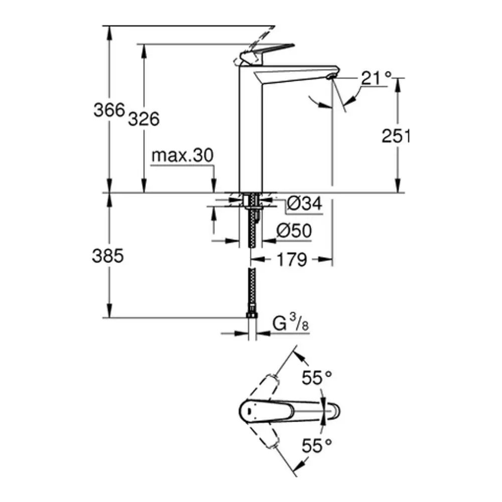 Grohe Armatur mit ausziehbarem Auslauf, speziell für freistehende Waschbecken. Technische Zeichnung mit Abmessungen und Anschlussinformationen.