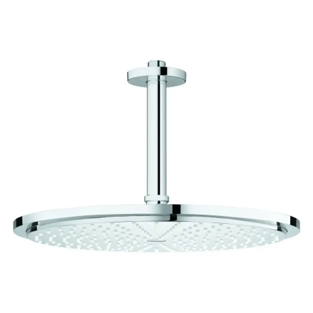 Runde, chromfarbene Kopfbrause mit zentralem Auslass und flachem Design, geeignet für die Deckenmontage, von der Marke Grohe.