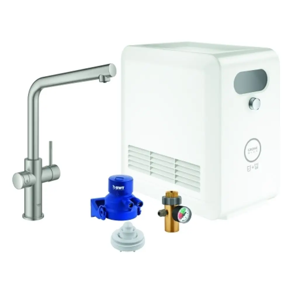Weißer Wasserfilter mit grauem Auslasshahn und Zubehörteilen wie Druckregler, Ventil und Anschlussstück, angeboten von Grohe zur Installation in Küchen.