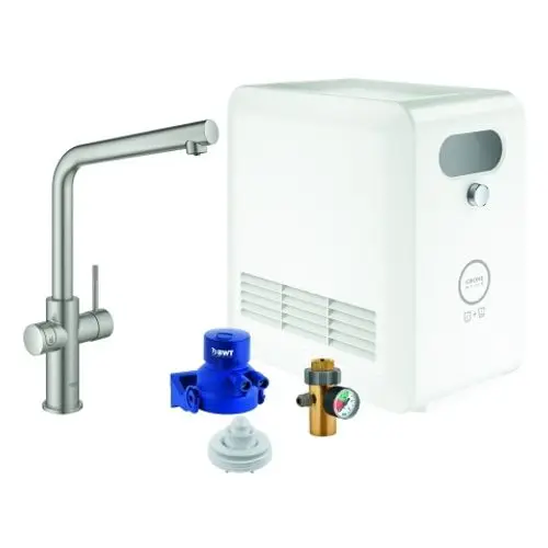 Weißer Wasserfilter mit grauem Auslasshahn und Zubehörteilen wie Druckregler, Ventil und Anschlussstück, angeboten von Grohe zur Installation in Küchen.