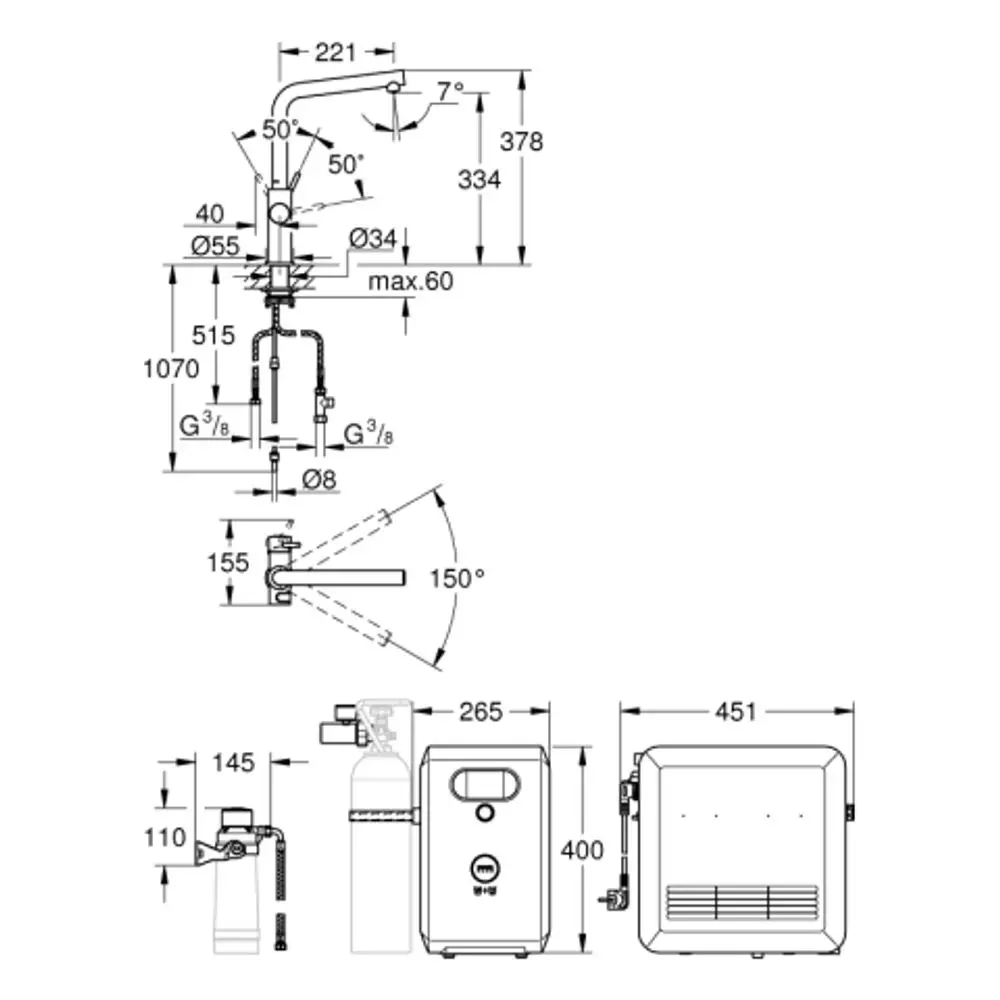 Produktzeichnung mit schematischer Darstellung einer GROHE Wasserentnahme- und Kühleinheit, einschließlich Abmessungen und Anschlusspunkten.