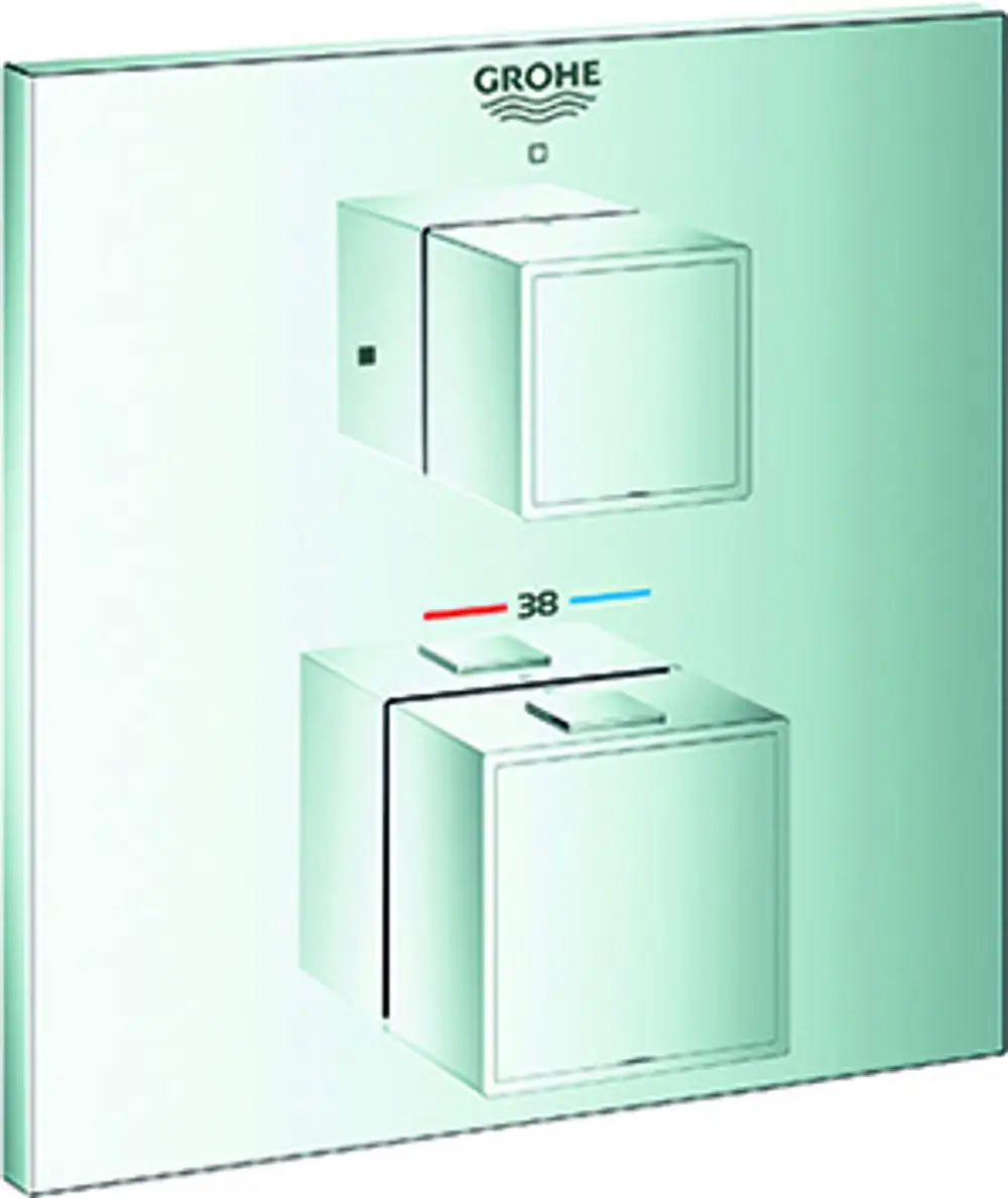 Thermostat-Brausebatterie mit zwei Bedienelementen für die Temperatur- und Wassermengenregelung, auf glattem, reflektierendem Hintergrund. Marke Grohe.