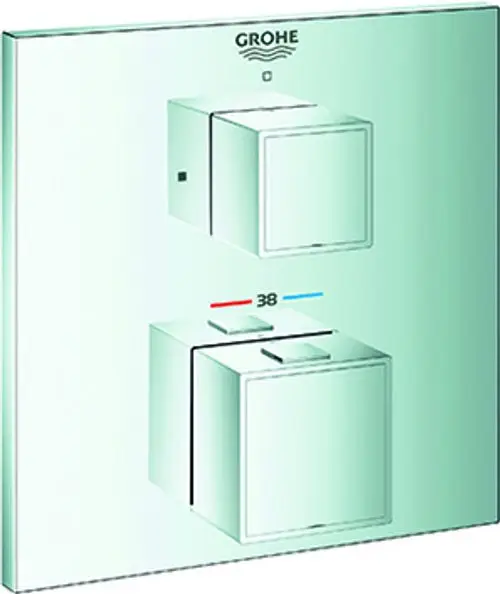 Thermostatsteuerung von Grohe mit zwei quadratischen Drehknöpfen, einem zur Temperaturregelung in Rot und Blau, auf einer gläsernen Oberfläche.