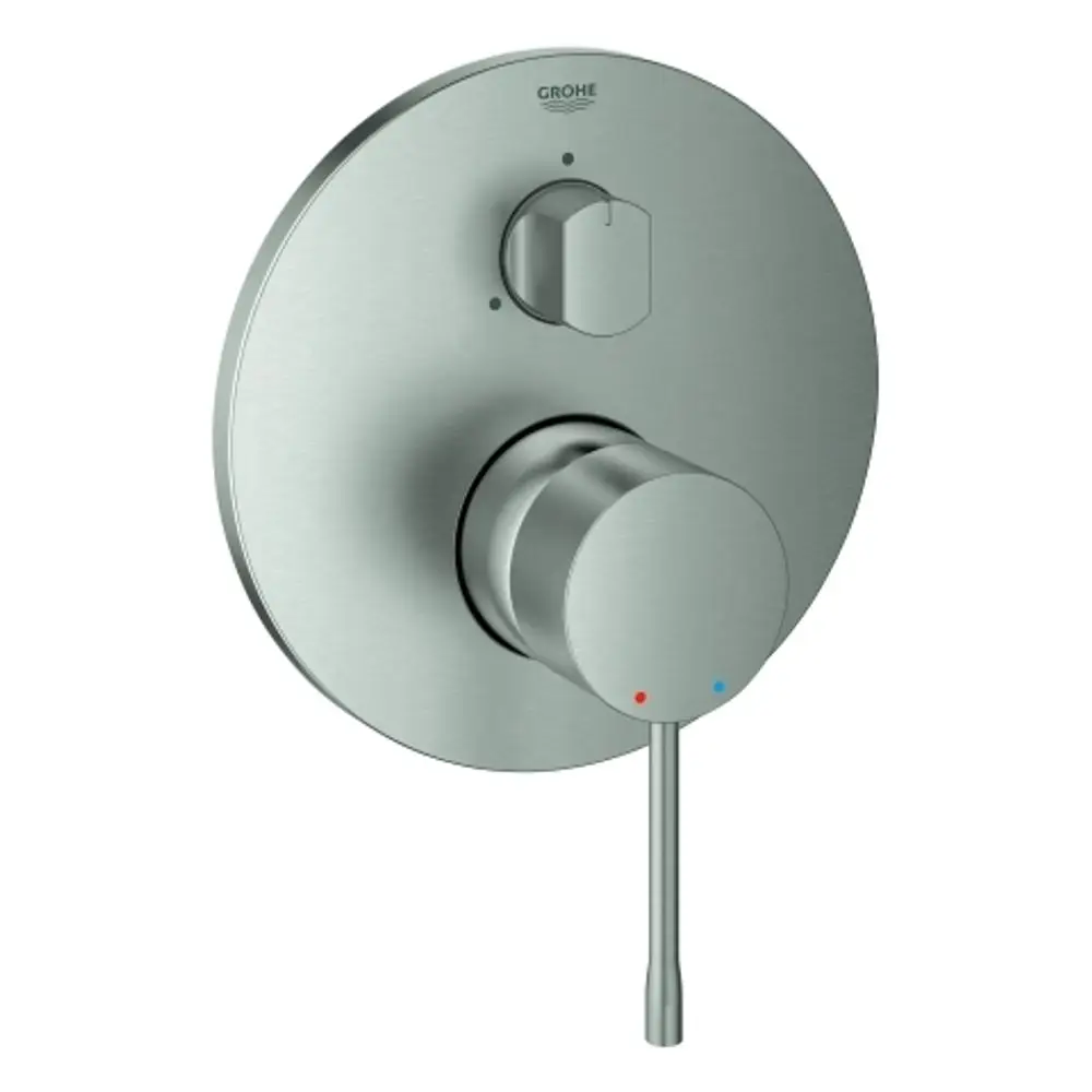 GROHE Bedienelement mit runder Platte und einem zentralen Drehgriff zur Einstellung von Temperatur und Wasserfluss, gekennzeichnet mit Farbcodes für Kalt und Warm.