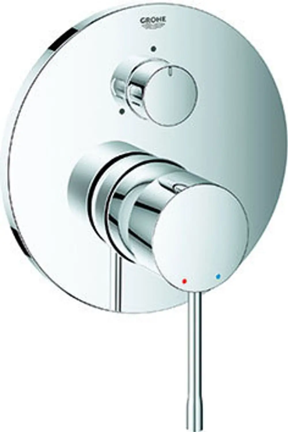 Kreisförmige, glänzende Grohe-Wanne mit zwei Reglern zur Wassermengen- und Temperaturregelung, sowie einem Hebel zur Umstellung zwischen verschiedenen Strahlarten.