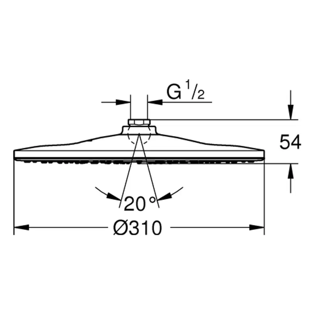 Grohe Kopfbrause mit flacher, runder Duschfläche, durchmesser 310 mm, zentrale Aufhängung und Abmessungen in Höhen- und Breitenansicht skizziert.