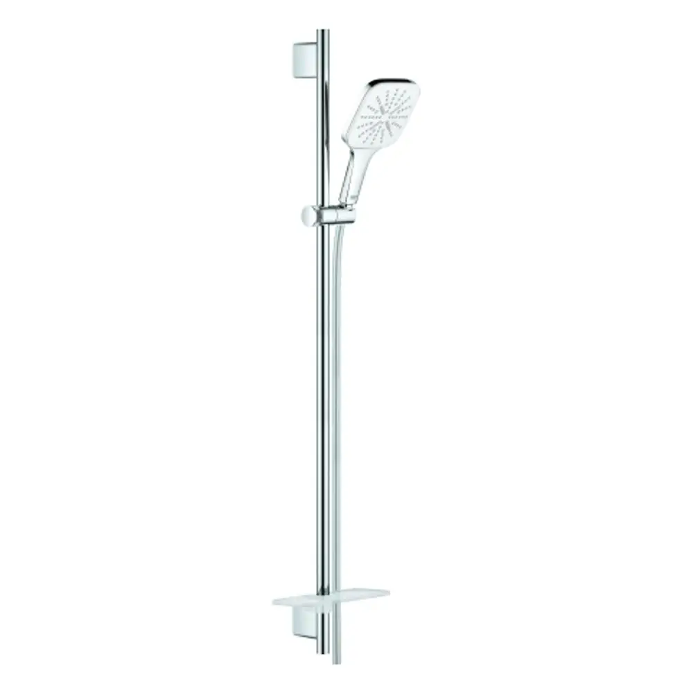 Grohe Duschsystem mit Handbrause, schwenkbare Halterung und Ablagefläche in chrom und moon white, montiert an einer senkrechten Stange.