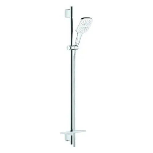 Grohe Duschsystem mit Handbrause, schwenkbare Halterung und Ablagefläche in chrom und moon white, montiert an einer senkrechten Stange.