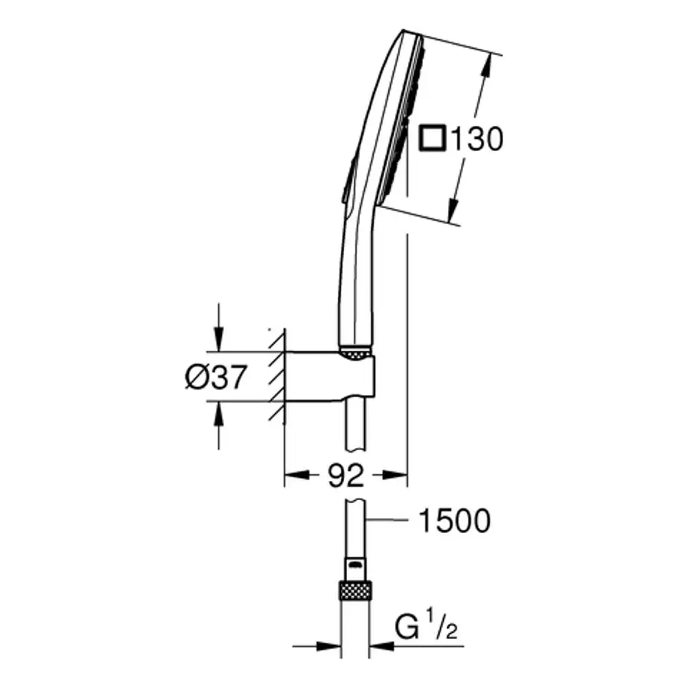 Wandhalter für Duschsystem mit einer klaren Linienführung, abgebildet mit Maßen für akkurate Installation und aus glänzendem Material, hergestellt von Grohe.