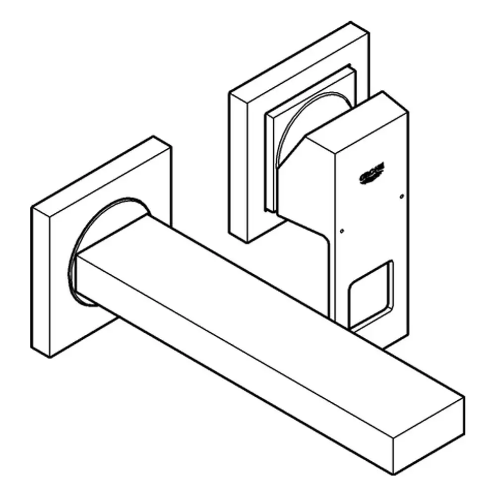 Wandmontierte Grohe-Armatur mit horizontalem Auslauf und zwei Wandbefestigungen. Fester Wasserhahn in minimalistischer Formgebung.