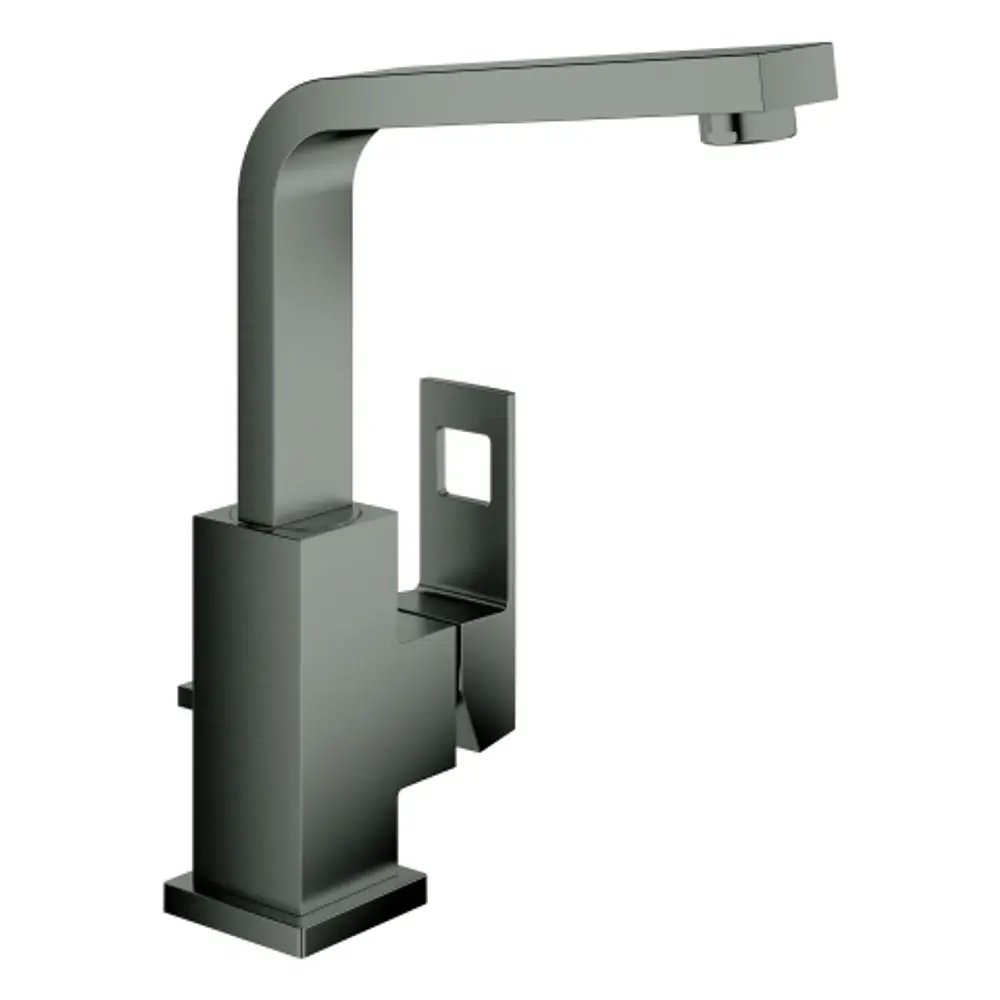 Grohe Küchenarmatur mit hohem Auslauf und rechteckigem Design in dunkler Graphitfarbe. Armatur dient zur Montage an Spülen und hat einen modernen Look.
