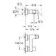 Grohe Wandarmatur mit einer Hebelkonstruktion, abgebildet in seitlicher und frontalerrichteter Ansicht. Technische Maße und Anschlussdetails sind dargestellt.