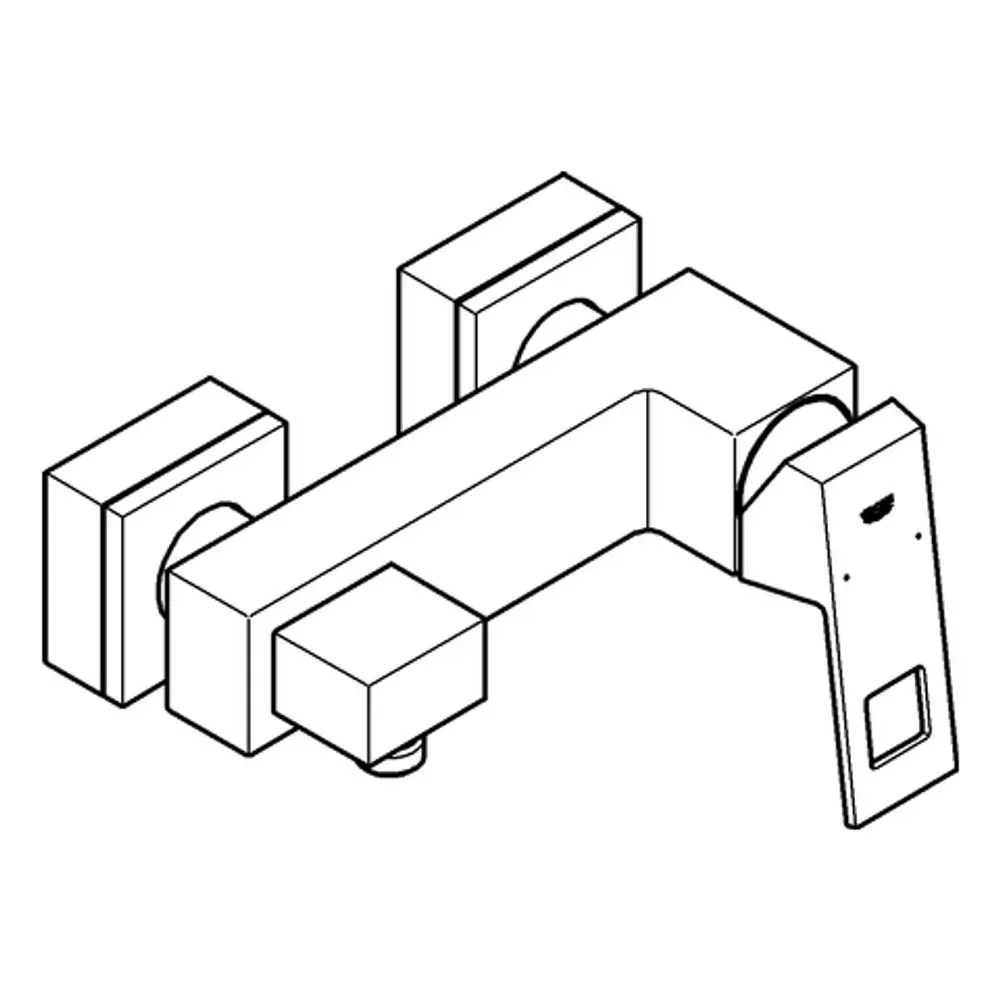 Wandmontierte Grohe-Brausebatterie in grafitfarbenem Finish. Das Design zeigt eine gerade Linie mit zwei Temperatur- und Durchflussreglern.