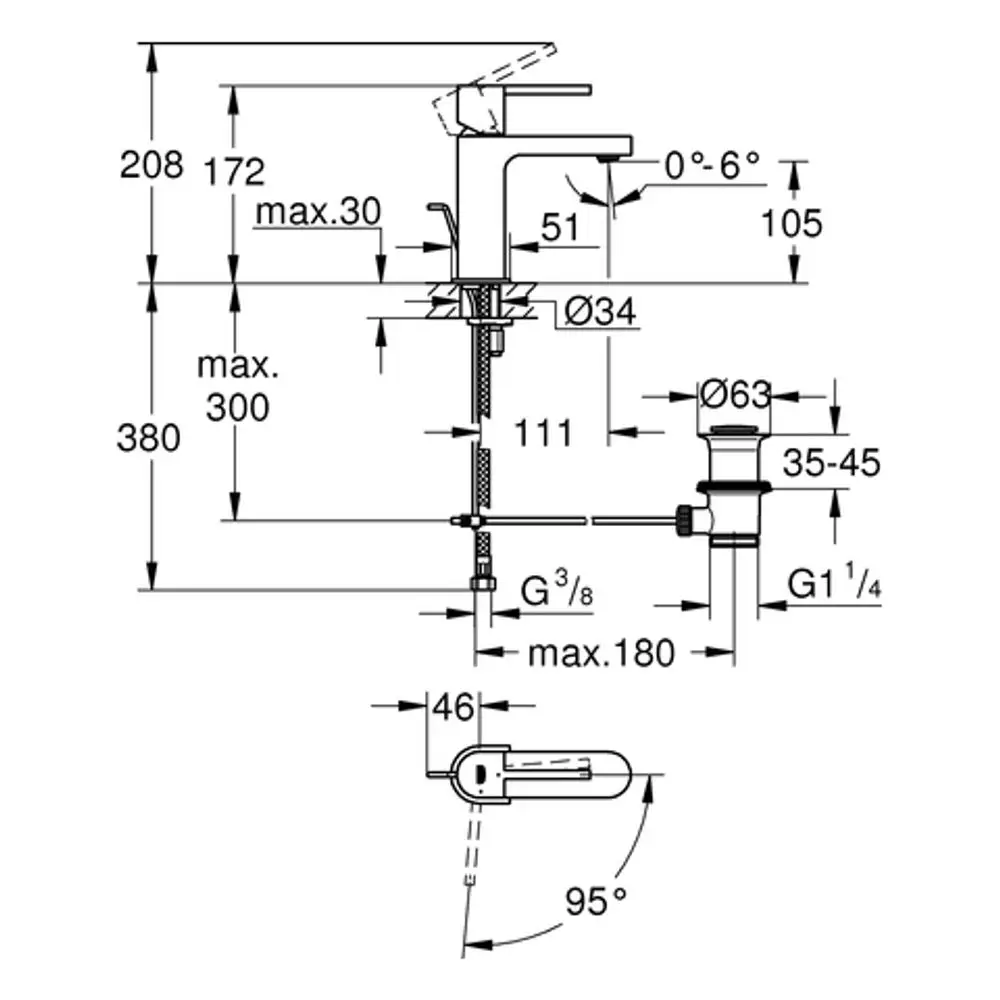 Einfache Chrom-Armatur von Grohe mit Abmessungen und Installationshinweisen, einschließlich Verbindungsdetails für Wasserzufluss und Abfluss.