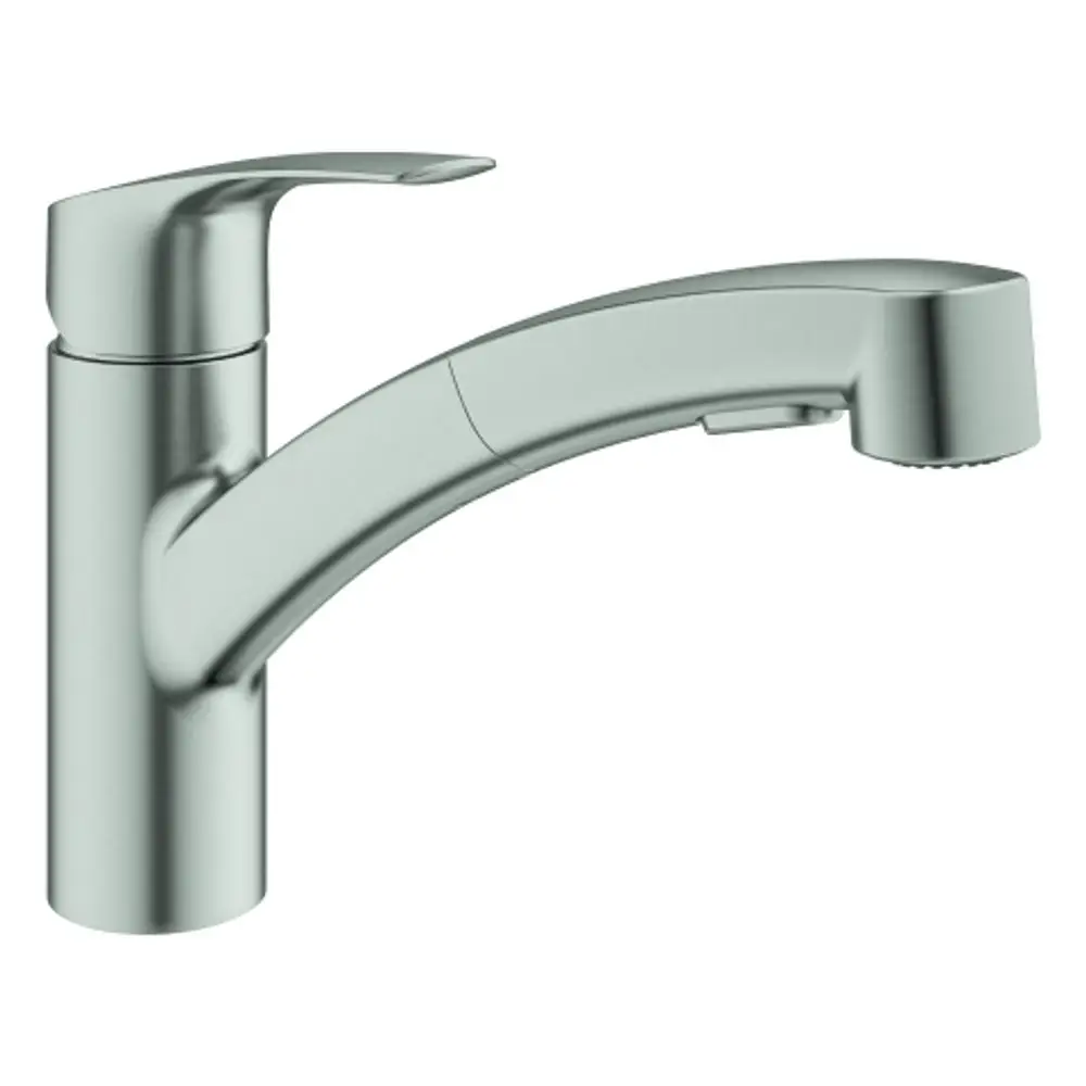 Edelstahl-Faucet von Grohe mit einem geschwungenen Auslauf und integrierter Bedienung. Der Wasserfluss kann an der Düse reguliert werden.