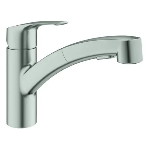 Edelstahl-Faucet von Grohe mit einem geschwungenen Auslauf und integrierter Bedienung. Der Wasserfluss kann an der Düse reguliert werden.