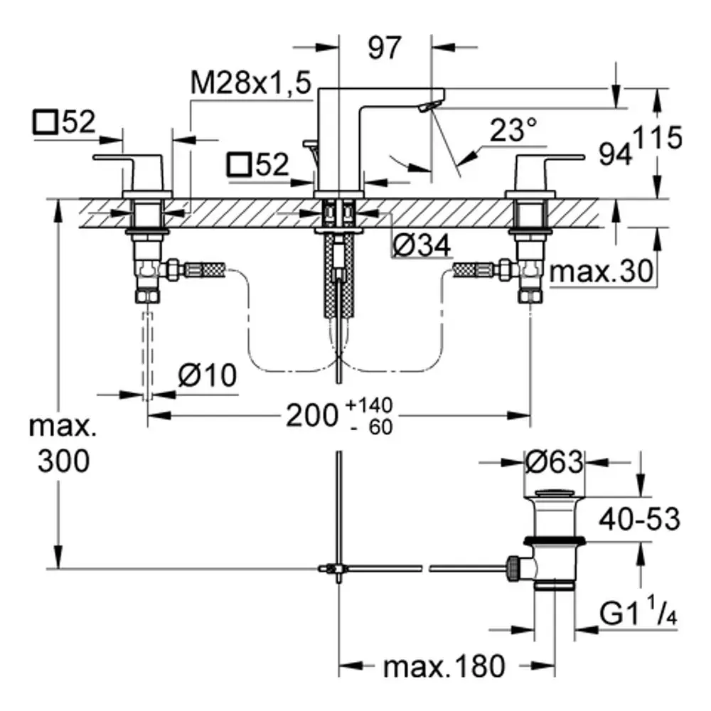 Technisches Diagramm einer Waschtischbatterie von Grohe mit verschiedenen Abmessungen, Anschlussdetails und Montageanleitungen, dargestellt in technischen Zeichnungsformat.