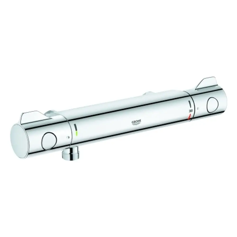 Grohe-Brausebatterie in verchromter Ausführung, mit zwei Bedienungselementen zur Einstellung von Temperatur und Wassermenge, ohne sichtbare Anschlüsse.
