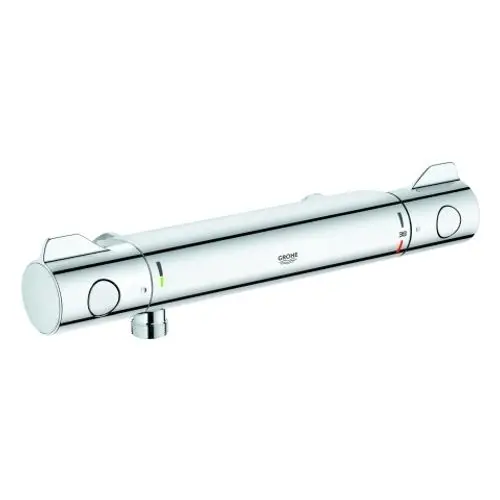Grohe-Brausebatterie in verchromter Ausführung, mit zwei Bedienungselementen zur Einstellung von Temperatur und Wassermenge, ohne sichtbare Anschlüsse.