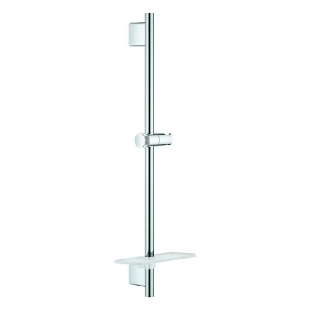 Vertikale Duschenstange aus chromiertem Metall von Grohe mit integrierter Halterung und Ablagefläche in horizontaler Position.